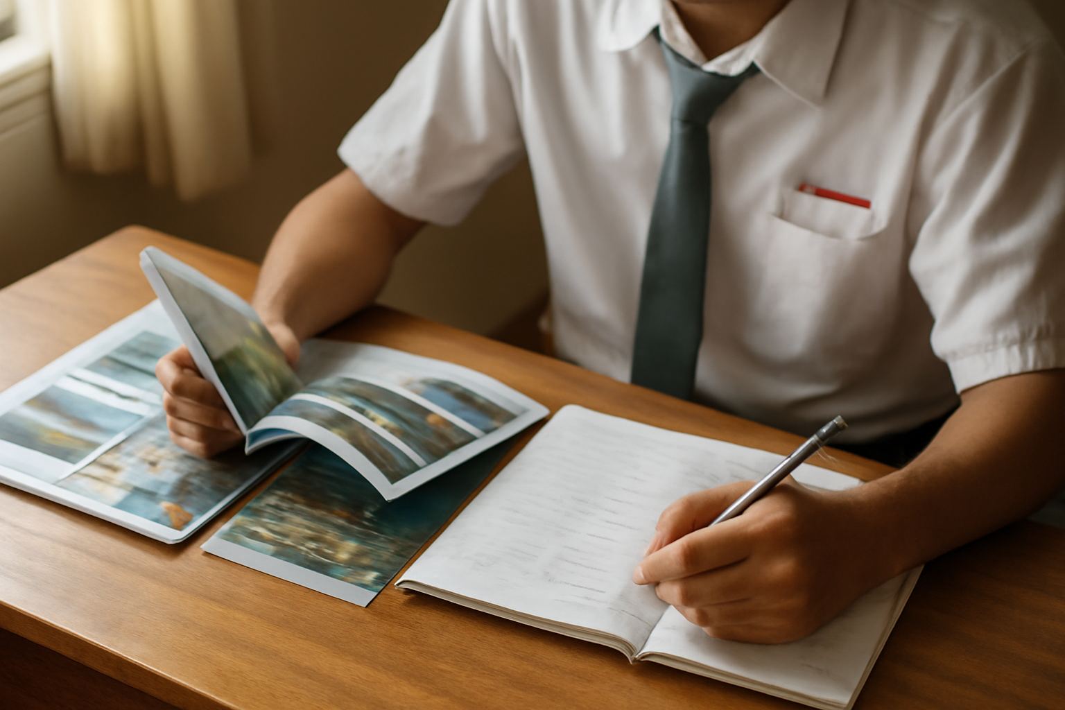 Siswa membandingkan brosur jurusan kuliah dan catatan nilai di meja belajar