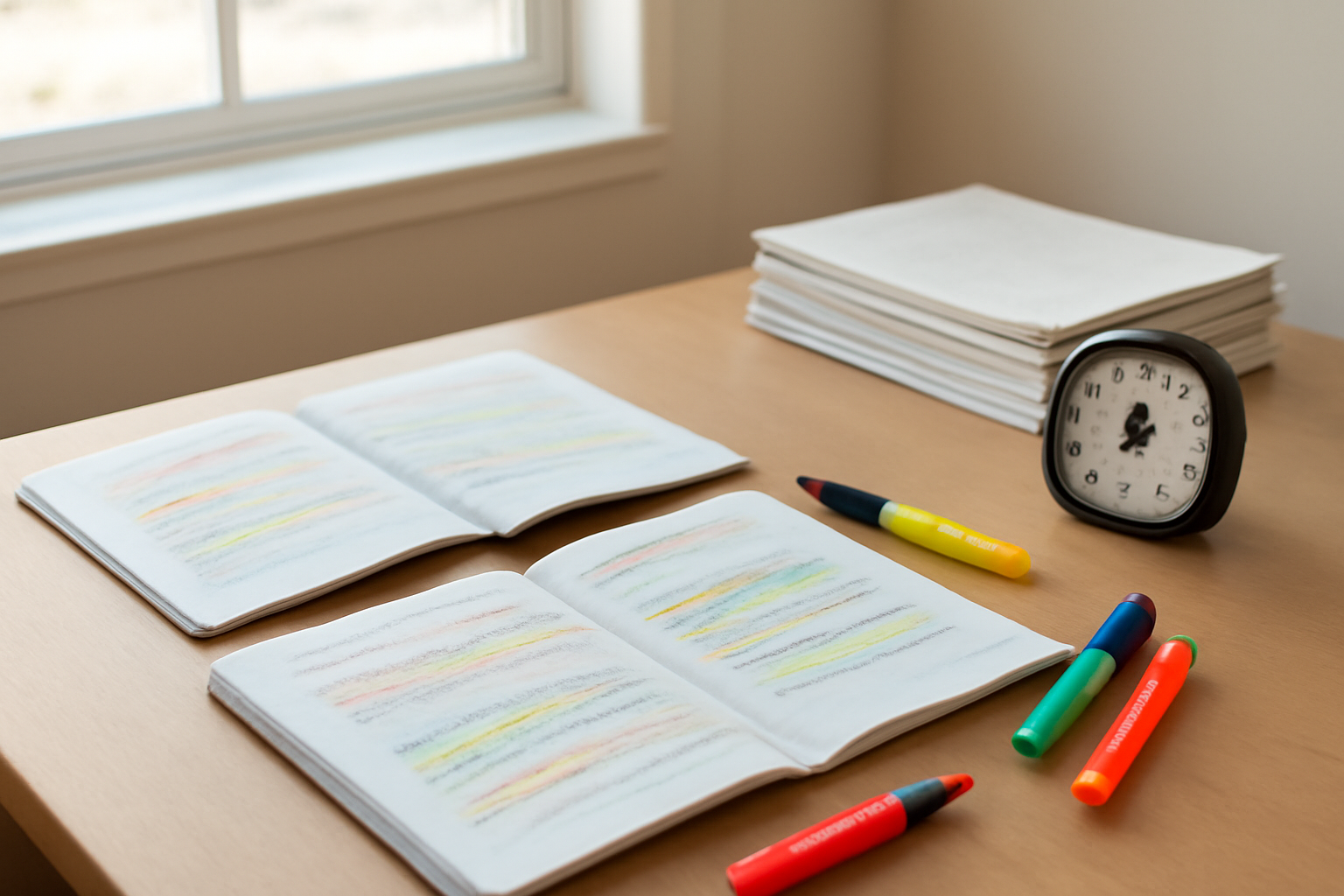 Meja belajar dengan buku catatan jadwal, stabilo, dan buku latihan soal untuk persiapan UTBK
