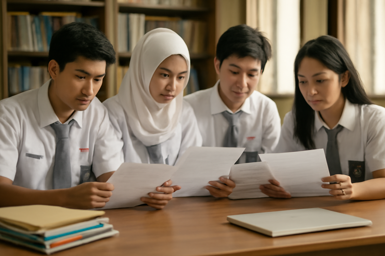Siswa SMA memeriksa dokumen pendaftaran kuliah di perpustakaan sekolah