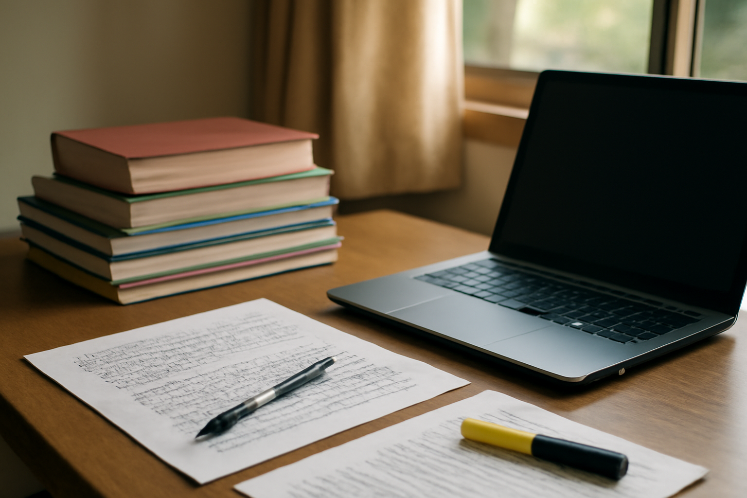 Meja belajar siswa dengan buku, catatan ringkasan, dan laptop untuk persiapan UTBK
